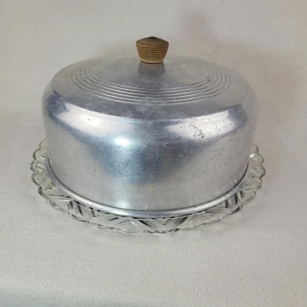 Vintage Spun Aluminum Cake Carrier Dome with Pressed Glass Platter Base Set